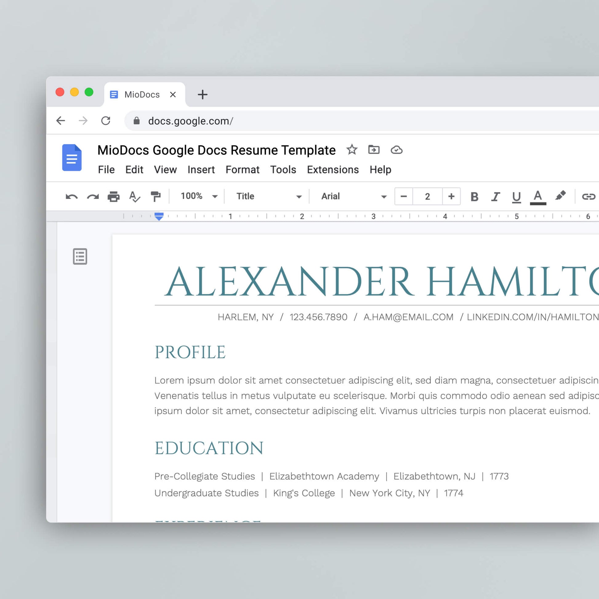 Resume Template: Alexander Hamilton - MioDocs