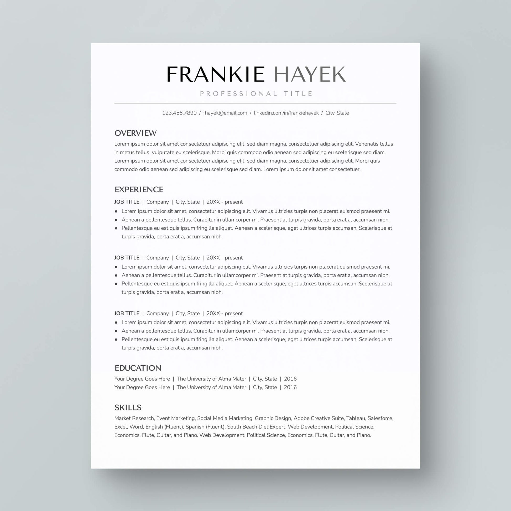 ATS-friendly Resume Template: Frankie Hayek - MioDocs