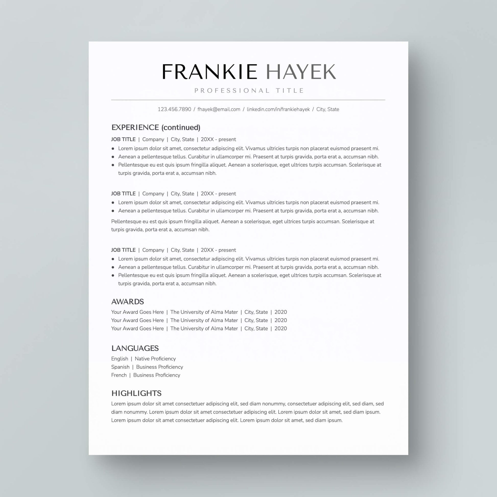 ATS-friendly Resume Template: Frankie Hayek - MioDocs