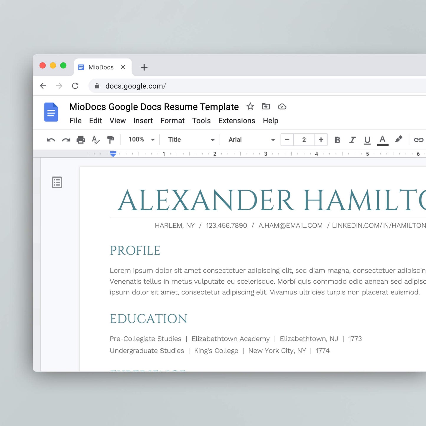 Resume Template: Alexander Hamilton Lite - MioDocs