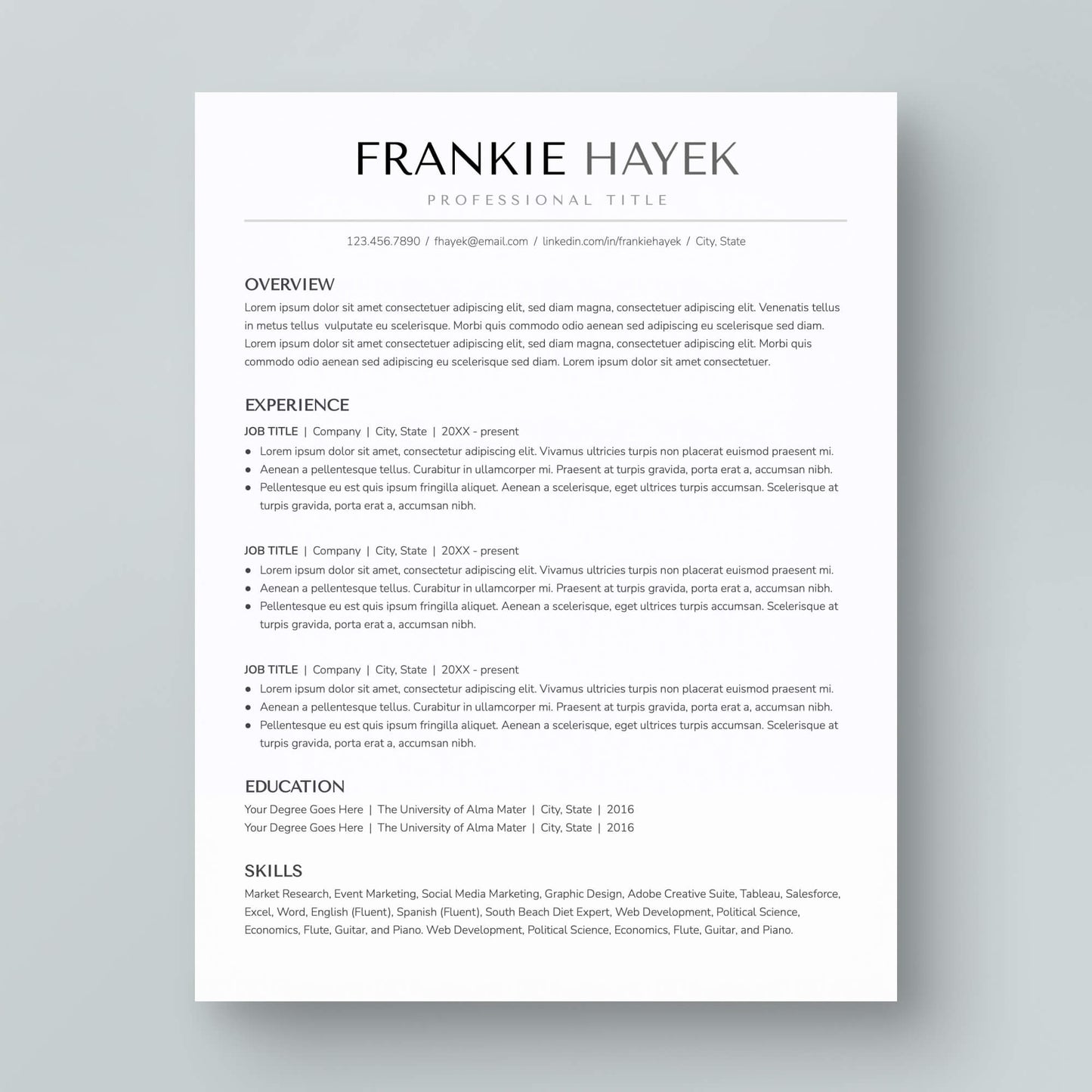 ATS-friendly Resume Template: Frankie Hayek - MioDocs