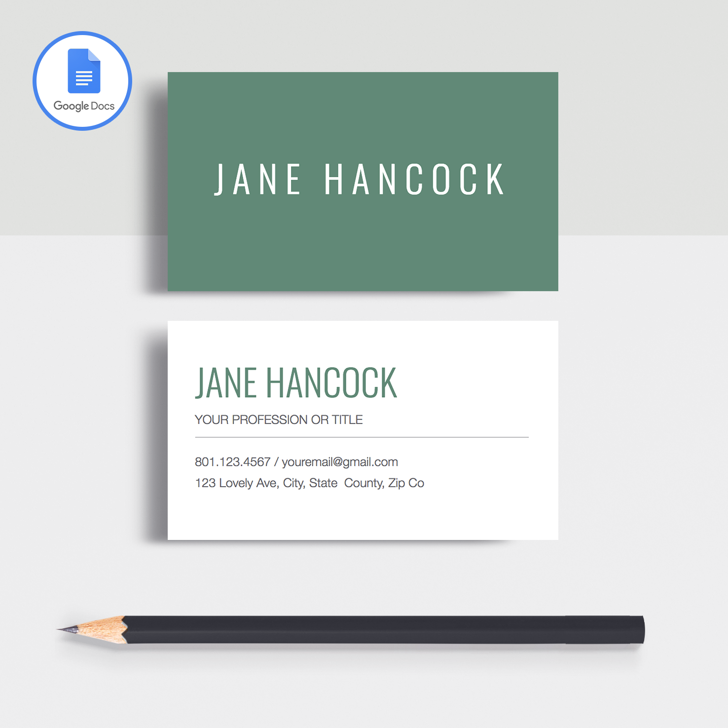 Jane Hancock | Google Docs Professional Business Cards Template - MioDocs